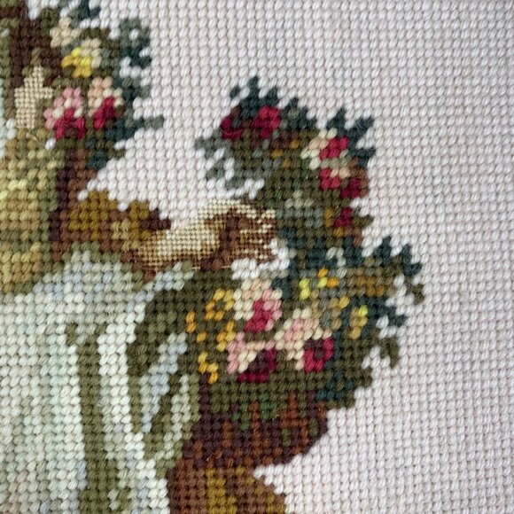 Framed Needlepoint Petitpoint Gobelin French Country Lady Bouquet Flowers Bosom - Picture 4 of 8